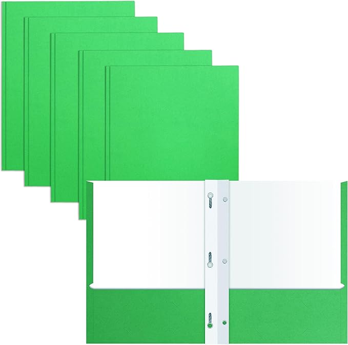 2 Pocket Portfolio Folders with Prongs (Metal Fastener Clips), 25 Pack, Cool Trendy Colors, Fits Letter Size Paper, for School, Office, Home, Matte Finish (Neon Green)