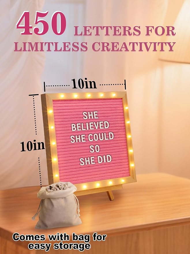 Changeable Felt Letter Board with LED Lights - 10''×10" Message Custom Signs & Wood Stand & 450 Letters, Poster Board for Baby/Pregnancy Announcement/Classroom Wall Decor Gifts, Pink