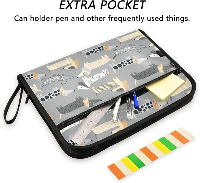 13 Pockets Expanding File Folder Cute Dachshund Grey with Sticky Labels Accordion File Folder Document Organizer Letter Size A4 Papers Expandable File Keeper