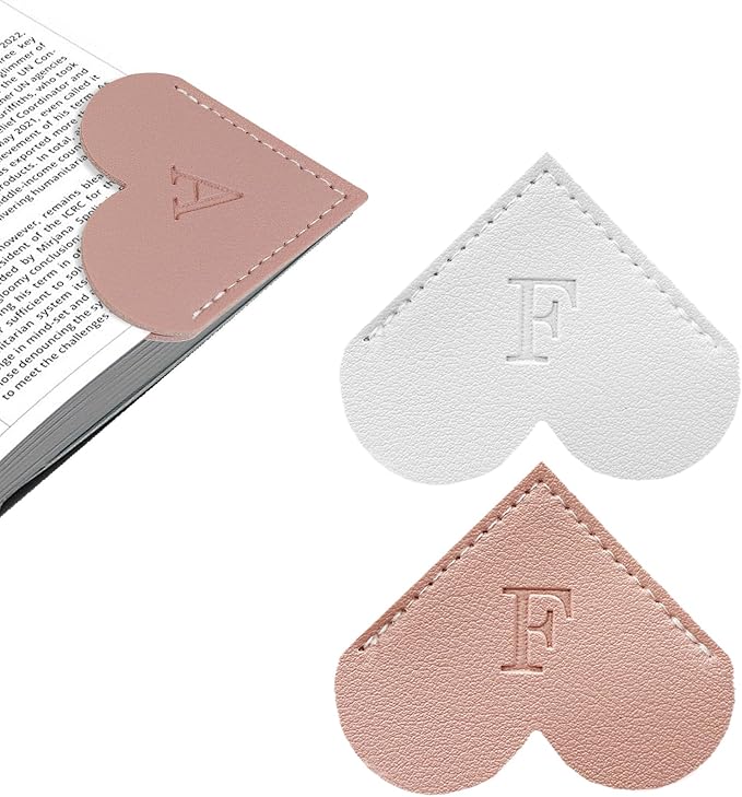 2Pcs Personalized Leather Heart Bookmark with Initial, 26 Letters Custom Corner Page Book Mark for Reading Women, Book Lovers, Teachers, Students, Cute Book Accessories Gifts(White+Pink, F)