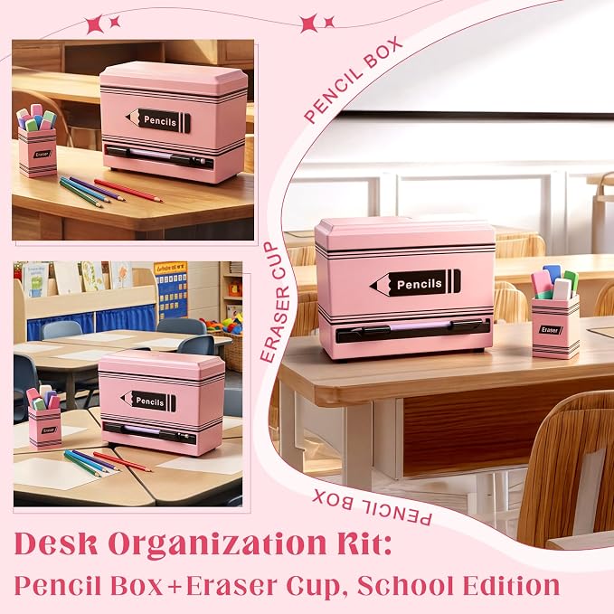 Gueevin 2pcs Pencil Dispenser for Classroom, Fun Desk Organizer with Eraser Holder, Interactive Pencil Storage for Teachers, Students & Homeschool Desk Organizer, Back to School Supplies(Pink)