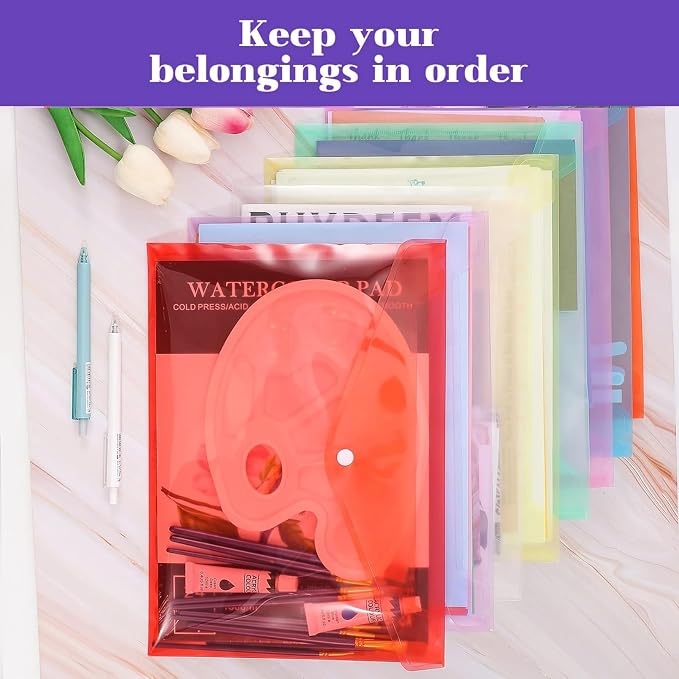 50pcs Plastic Envelopes,Clear Poly Envelopes,Document Folders with Snap Button Closure,Document Folders Letter A4 Size File Envelopes for School Home Work Office Organization(8 Assorted Color)