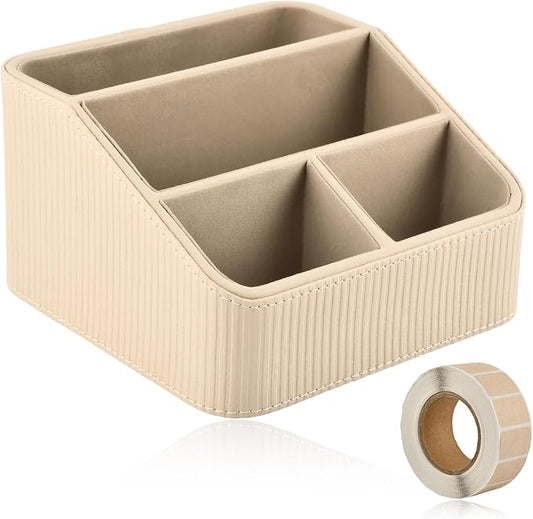 Remote Control Holder, Small Nightstand Organizer with 4 Compartments, PU Leather Desk Caddy, Multifunctional Bedside Desktop Organizers with Label Stickers(COLOR:Beige)