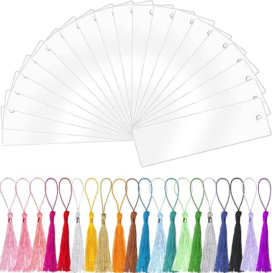Clear Acrylic Bookmark, BetterJonny 20 Set Plastic Blank Book Page Mark with Colorful Tassels Small Transparent Craft Tags for DIY Classroom Projects and Gift Tag