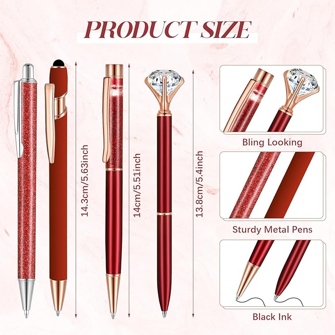 Sabary 8 Pcs Red Pens with Pen Holder for Desk Glitter Crystal Diamond Cute Ballpoint Fancy Pencil Holder Bling Desk Organizer for Women Girls School Office Supplies Wedding Graduation Gifts