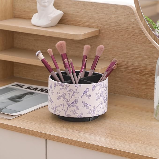 Rotating Remote Control Holder, 360 Spinning Desk Organizer Caddy for Coffee Table, Living Room & Nightstand, PU Leather TV Remote Caddy, Pen Pencil Holder for Desk, Blue Bird PH127