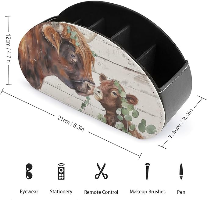 Highland Cow Farmhouse Remote Control Holder Remote Organizer Storage Box for Multi-Media Controllers with 5 Compartments for Cosmetics Office Supplies