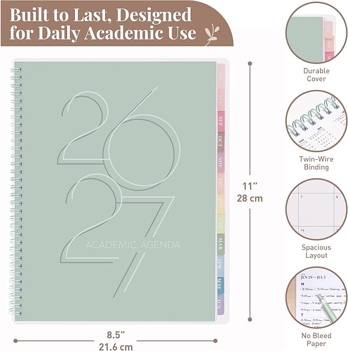 Rileys Academic Planner 2026-2027, Daily, Weekly & Monthly Planner, July 2026 - June 2027, Student Notes Pages, Twin-Wire Binding, Weekly Agenda for School & Work (8.5 x 11-Inches, Deco, Green)