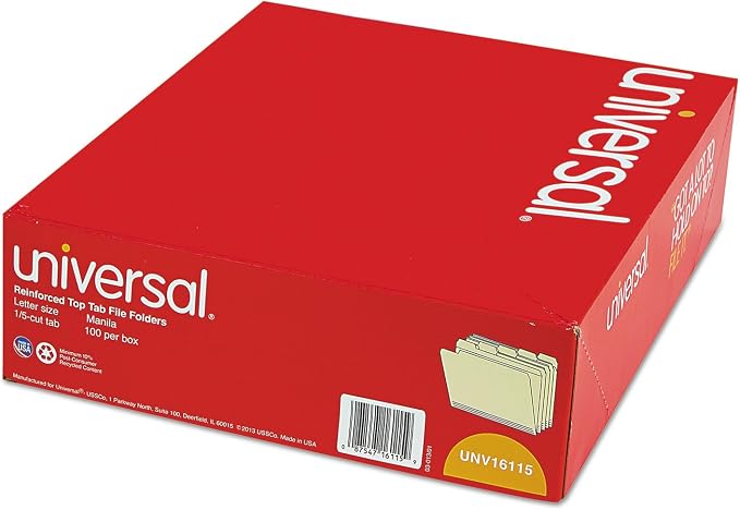 Universal 16115 File Folders, 1/5 Cut Assorted, Two-Ply Top Tab, Letter, Manila, 100/Box