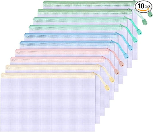 10Pcs Mesh Zipper Pouch Bags, A4 Sizes Waterproof Zipper Pouches for Organization Storage, Clear Plastic Bag for Classroom Organization and School Office Storage (A4)