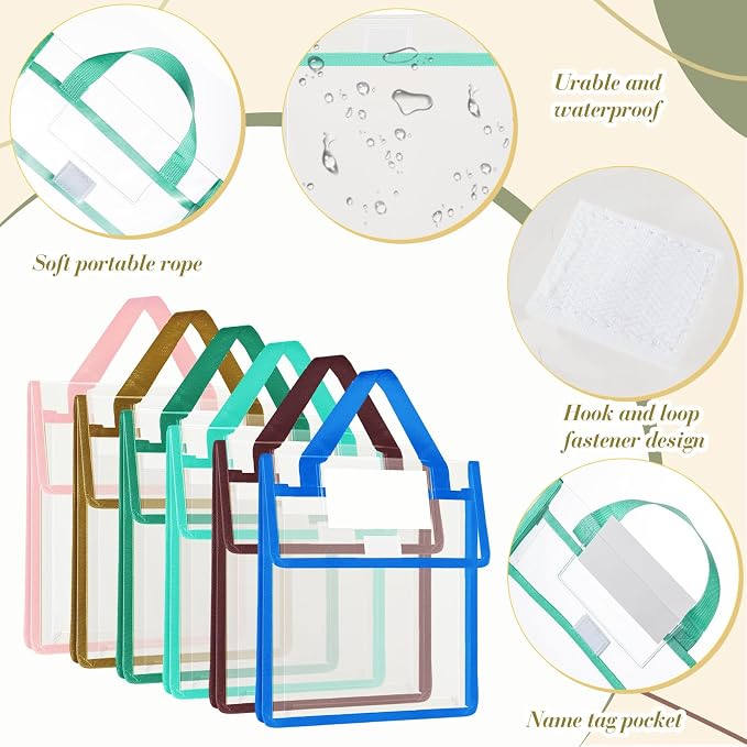 Teling 12 Pack Thick Clear Book Pouches with Blank Name Tags and Handles Book Baggies Bags Bins Organizer for School Classroom Library Pockets Students (10 x 12 Inch,Multi Color)