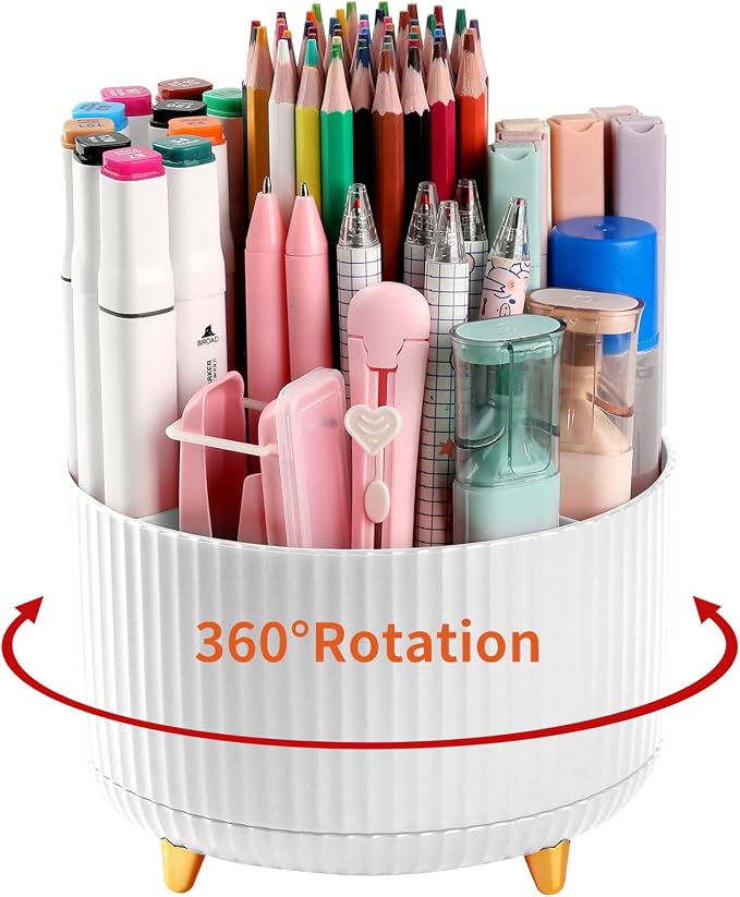 Desk Pencil Pen Holder, 5 Slots 360°Degree Rotating Pen Organizers for Desk, Desktop Storage Stationery Supplies Organizer, Cute Pencil Cup Pot for Office, School, Home, Art Supply, White