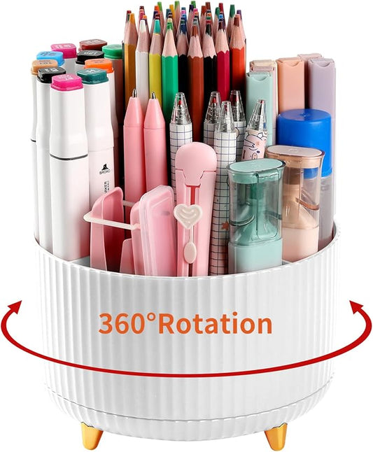Desk Pencil Pen Holder, 5 Slots 360°Degree Rotating Pen Organizers for Desk, Desktop Storage Stationery Supplies Organizer, Cute Pencil Cup Pot for Office, School, Home, Art Supply, White