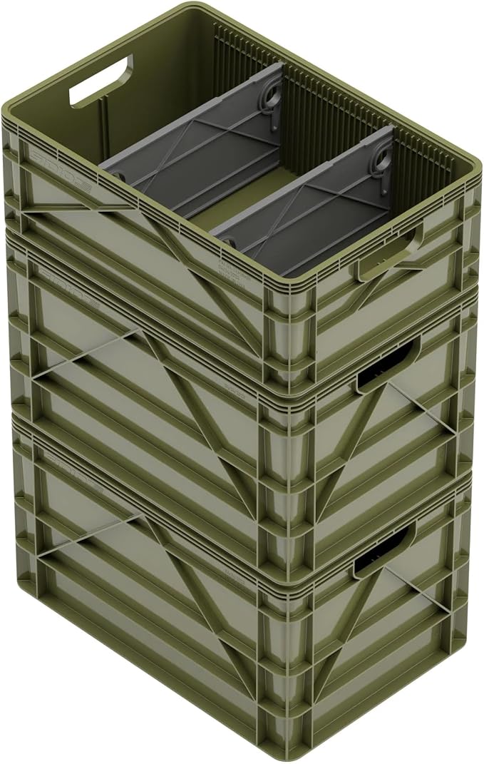 SIDIO Crate Basic Pack - 2 Full-Size & 1 Half-Size Heavy Duty Stackable Storage Bins, Totes and Containers with Dividers - Durable Plastic Organizer for Home, Office, Garage, and Outdoor Use, Green