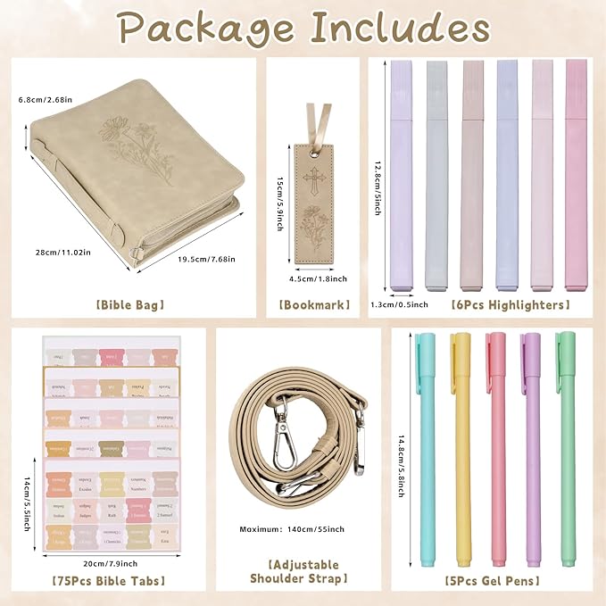 19PCS Floral Khaki Leather Bible Cover for Women Bible Cover Cases for Teen Girls Christmas Gift Christian Bags Journaling Kit with Shoulder Strap Highlighter Pens & Book Marker 10.47 * 7.48 * 2.17in