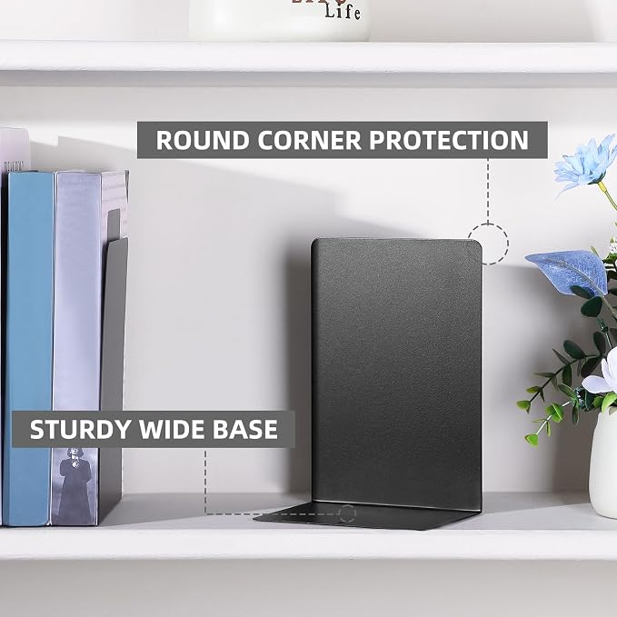 Beeveer 6 Pairs Metal Bookends Book Stopper for Shelves Office Book Holder Library Bookend for Heavy Books Desk Home Bookshelf School (Black)