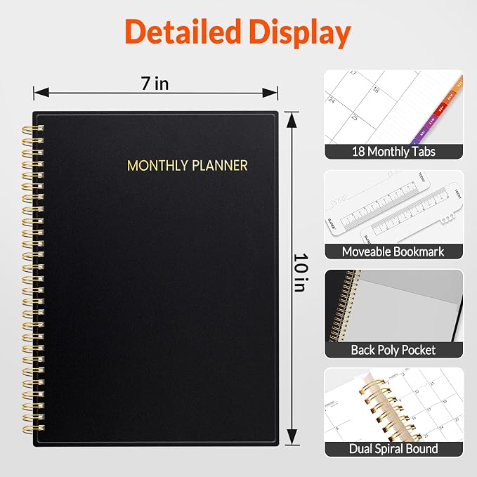 SUNEE Monthly Planner 2026-2027 - 18 Months Calendar Planner from Jul 2026 to Dec 2027, 7"x10" Yearly Planner with Tabs, Spiral Binding, Organizer for School Office Home, Black