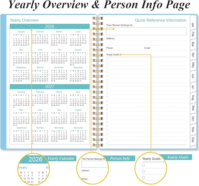 2026 Planner - Weekly and Monthly Calendar Planner from Jan 2026 - Dec 2026, Planner 2026 Spiral Bound with 12 Monthly Tabs, Inner Pocket, Perfect for School Office Supplies, 6.4" x 8.5", Blue