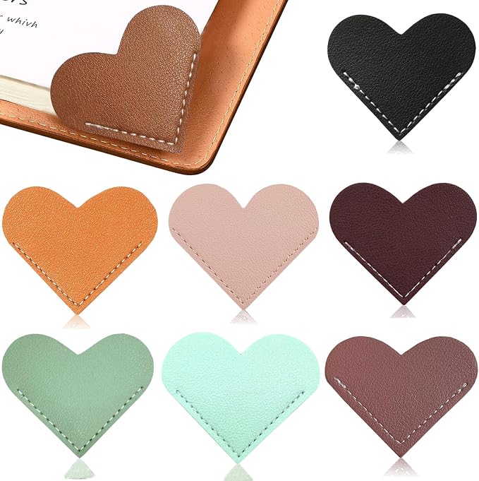 Meiqils 8Pack Faux Leather Heart Bookmarks, Cute Corner Page Markers for Reading Women, Kids, Teachers, Students, Book Lovers, 8pcs in