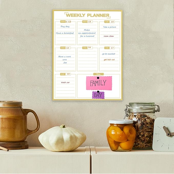 Dry Erase White Board Weekly Calendar Board, Magnetic Whiteboard for Wall, Gold Aluminum Frame Message Board, Vertical, 17“x13“, Planner Board for Office, Home, Schooll(Weekly-BB-Gold-3343-R)