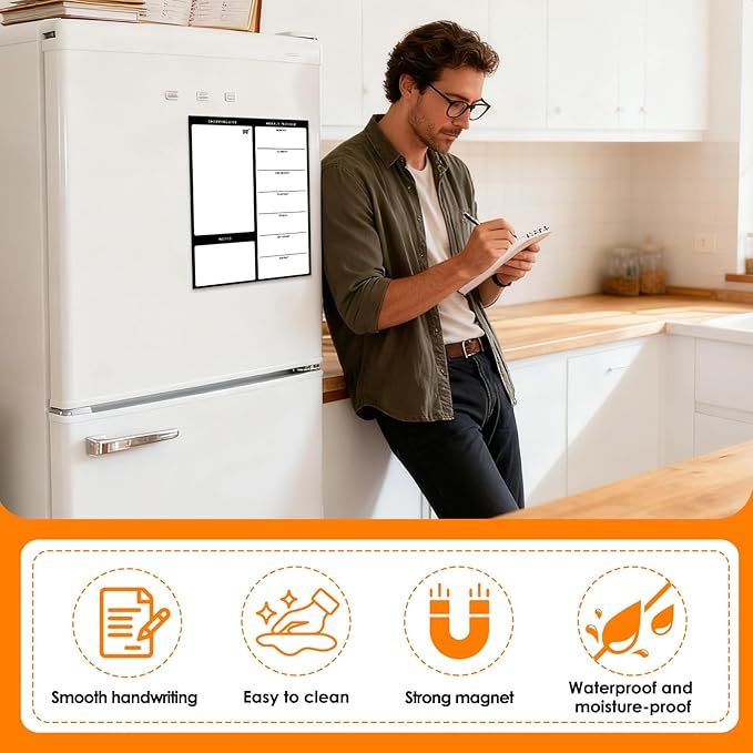 Magnetic Weekly Meal Planner for Refrigerator, 8x12'' Dry Erase Menu Board, Stain Resistant Whiteboard, Strong Magnetic Backing, Ideal for Families, Students, Roommates, Notes, Grocery Lists (B)