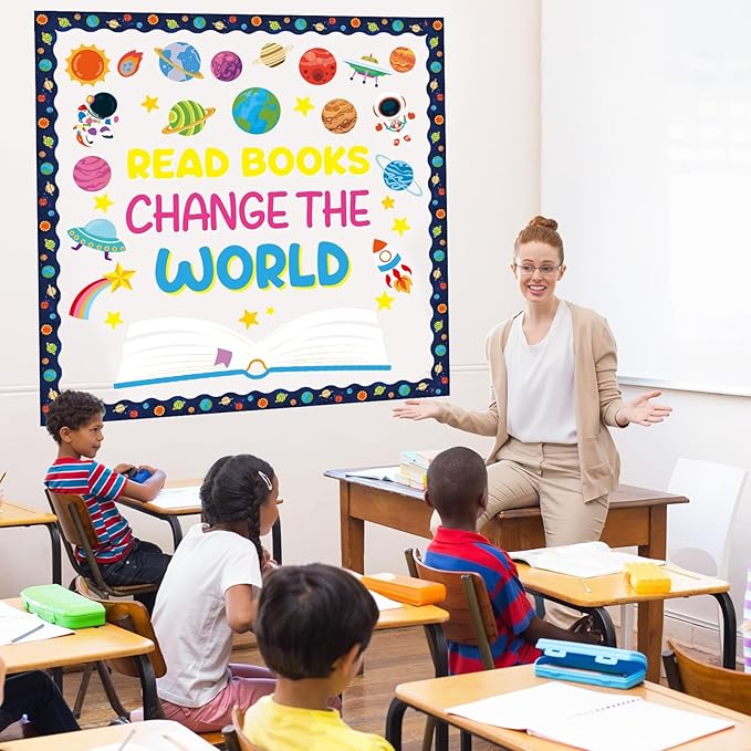Outer Space Bulletin Board Set Read Books Change The World Classroom Decoration Motivational Astronaut Rocket Spacecraft Planet Paper Cutout for Back to School Nursery Library Door Wall Decor Supplies