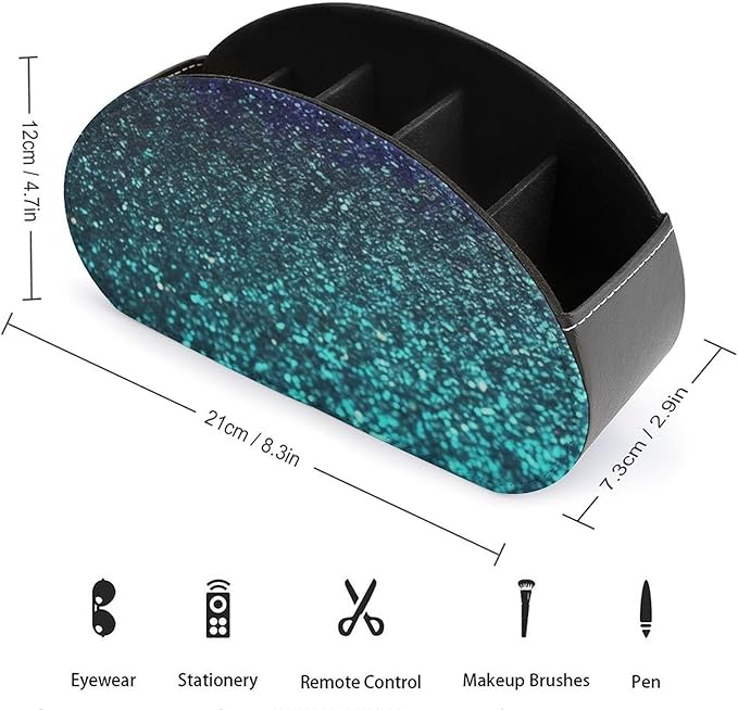 Teal Glitter Remote Control Holder - PU Leather Remote Caddy with 5 Compartments Multi-functional Office Desk Storage Caddy Store TV, DVD, Blu-Ray, Media Player