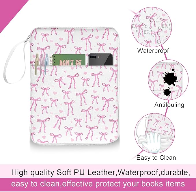 Pink Bow Printed Bible Book Sleeve with Pockets,Padded Protector Washable Book Covers,Books Pouch with Handle Zipper,Travel Book Carrying Case for Books Lover Hardcover,Mother's Day Christian Gifts