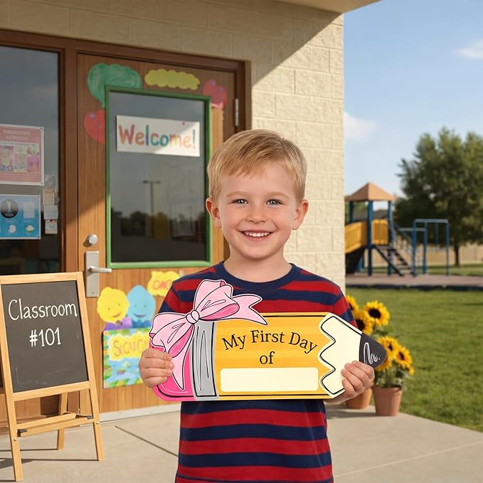 Novabright Pink Bow First Day of School Board Double Sided Printing Pencil First Day Sign 1st of Kindergarten Preschool Chalkboard for Back to School Supplies Kids Girls