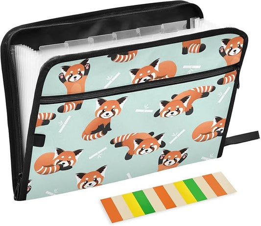 13 Pockets Expanding File Folder Cute Red Panda Cyan with Sticky Labels Accordion File Folder Document Organizer Letter Size A4 Papers Expandable File Keeper