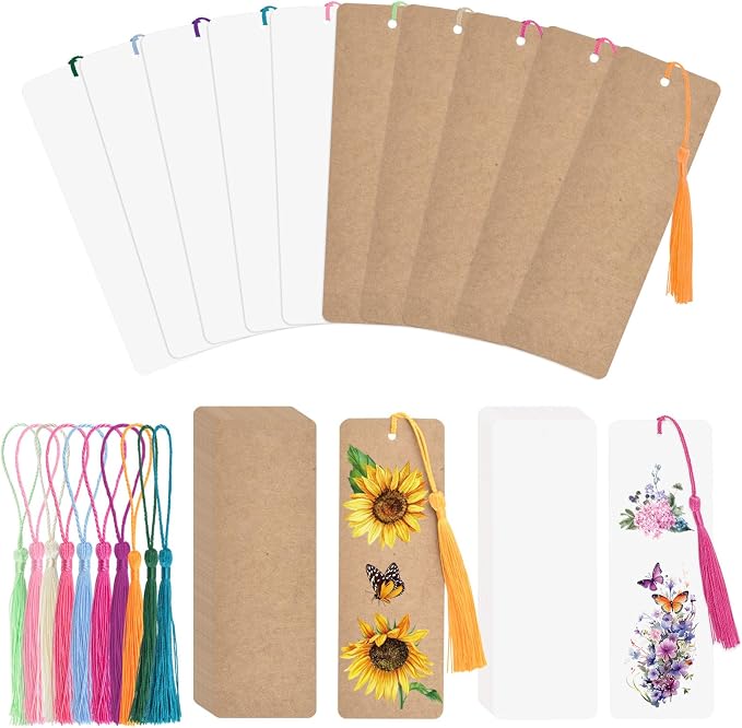 WANDIC Blank Bookmarks, Cardstock Bookmarks with Holes, 60 Pcs White & Brown and 60 Pcs Colorful Tassels for DIY Projects and Gift Supplies