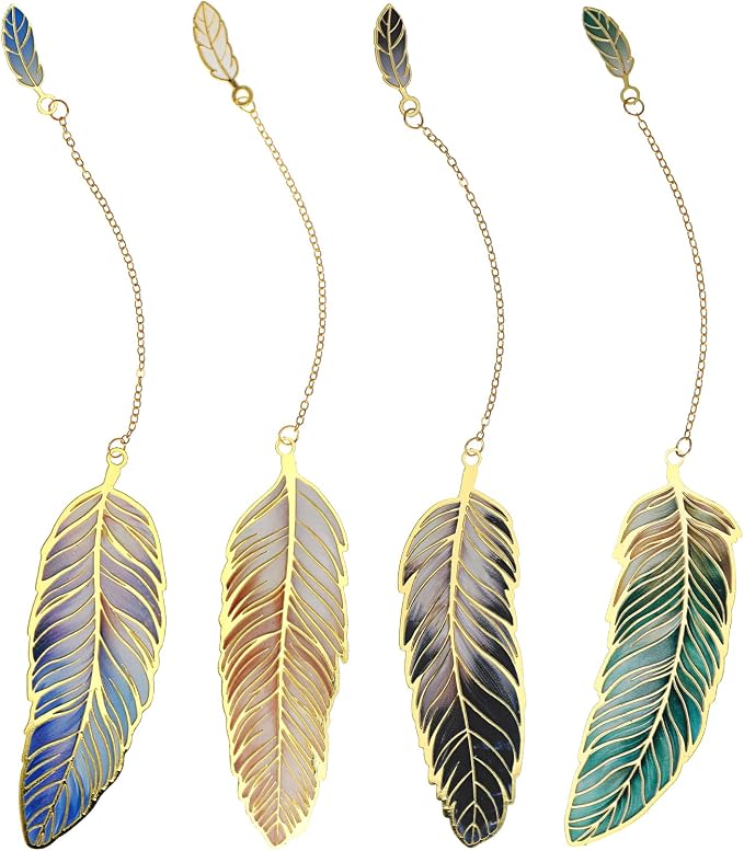 4pcs Metal Bookmarks with Chain Lotus Leaf Bookmark Birthday Gifts Teacher Christmas Gifts Unique Plant Gifts Literary Accessory Appreciation Stuffers for Women Grils Readers (Metal Feather)