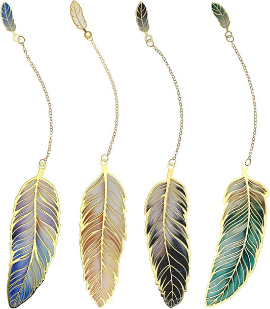 4pcs Metal Bookmarks with Chain Lotus Leaf Bookmark Birthday Gifts Teacher Christmas Gifts Unique Plant Gifts Literary Accessory Appreciation Stuffers for Women Grils Readers (Metal Feather)