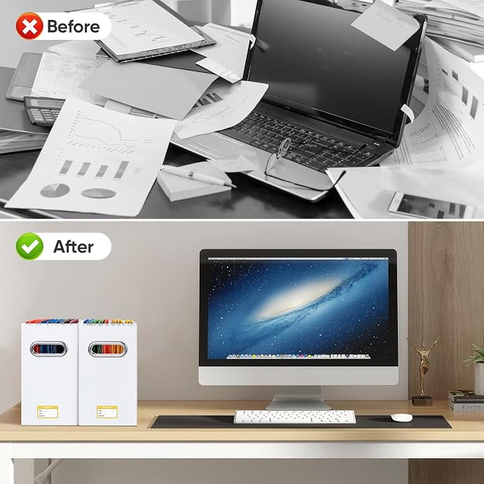BALEINE File Organizer Box, Cardboard File Folder Organizer with Handle for Letter Size, Portable Collapsible Hanging Filing Box for Home Office Document Storage (4 Pack, Black+White)