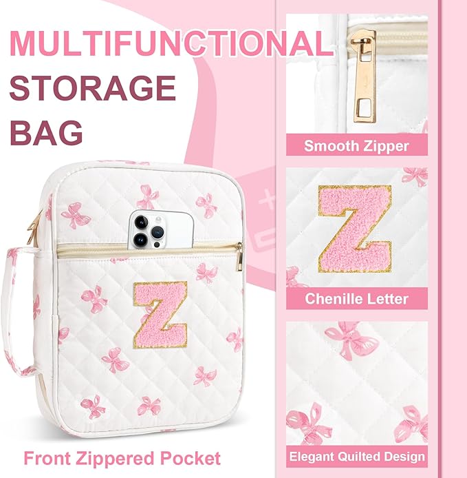 Personalized Initial Bible Cover Case for Women Girls Kid - Large Quilted Bible Case with Handle, Stylish Chenille Letter Bag Study Supplies, Perfect Christmas Gifts for Christians Women (Pink Bow-Z)