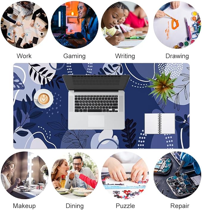 Colorful Star Large Mouse Pad, Botanical Desk Mat Office Supplies, Waterproof Faux Leather Big Gaming Mousepad, Blue Tropical Plants Desk Pad Home Office Décor Accessories 31.5" x 15.7"