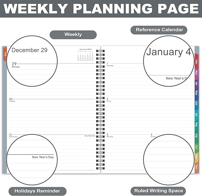 2026 Planner – 2026 Planner Weekly and Monthly, 9" x 11", Large, Jan 2026 – Dec 2026, 12 Monthly Tabs, Strong Twin-Wire Binding, Inner Pocket, Hardcover, Grey