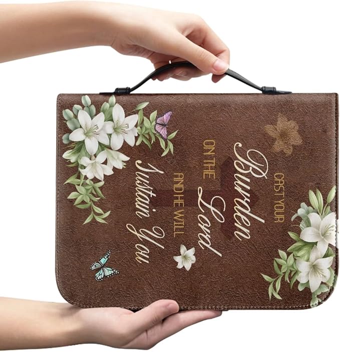 Retro Style Lily and Cross Bible Case with Bookmark Waterproof Bible Cover Case for Women Lightweight Bible Bag with Handle Pockets Church Book Bag Brown
