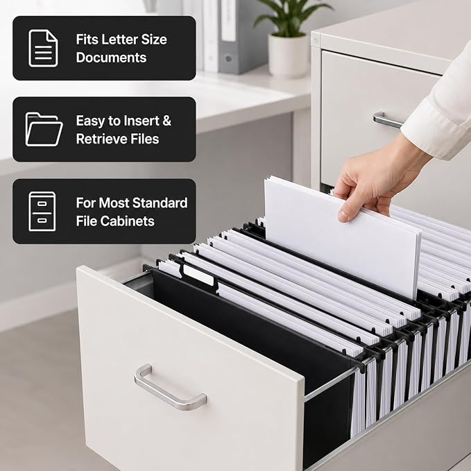gisgfim 16 Pack Plastic Hanging File Folder Letter Size 2inch Expanding File Folders with Tabs Extra Capacity Hang Folders Heavy Duty for Filing Cabinet Designed for Bulky Files, Black