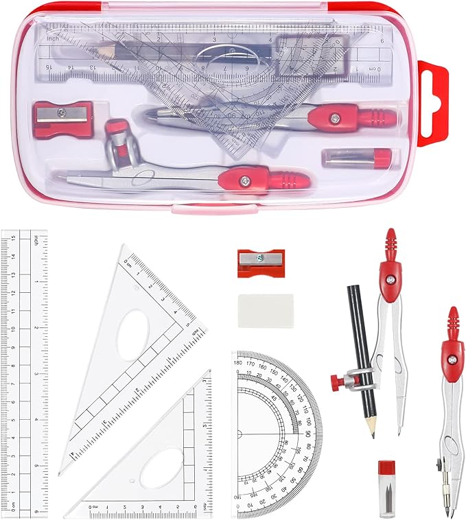 Vobou Math Geometry Kit Sets 10 Piece Student Supplies with Shatterproof Storage Box,Includes Rulers,Protractor,Compass,Eraser,Pencil Sharpener,Lead Refills,Pencil,for Drafting and Drawings（Red）