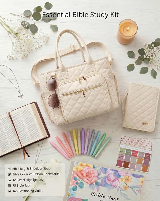BellaHold Large Bible Bag with Bible Cover Case for Women, Church Bag with Bible Study Supplies & Shoulder Strap, Quilted Bible Tote Bag, Christian Gift for Women, Beige
