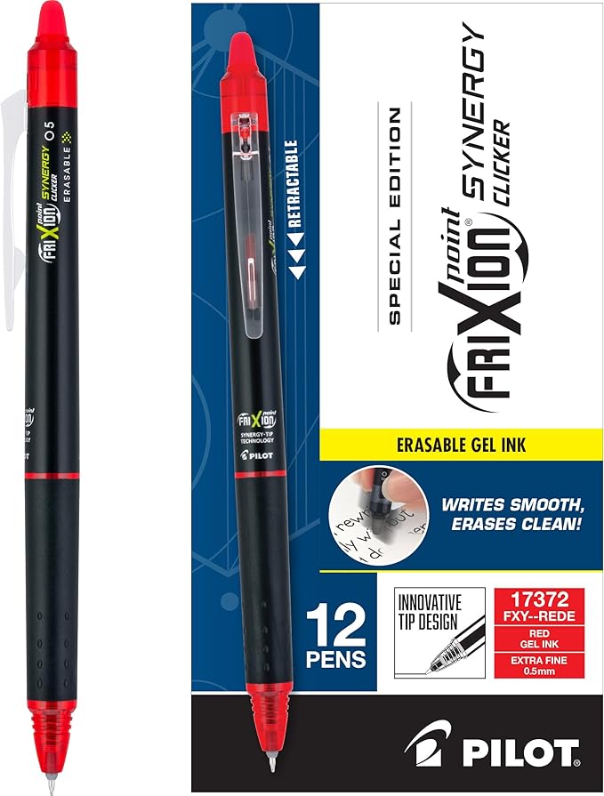 PILOT, FriXion Synergy Clicker Erasable, Refillable, Retractable Gel Ink Pens, Extra Fine Point 0.5 mm, Pack of 12, Red Ink