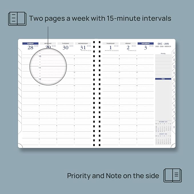 POPRUN 2026 Weekly Planner (A4-8.25'' x 11.75''), Quarter-Hourly Appointment Book (Jan. 2026 to Dec. 2026) with Monthly Tabs, Spiral Softcover, 2 Inner Pockets, Pen Holder - Midnight Green