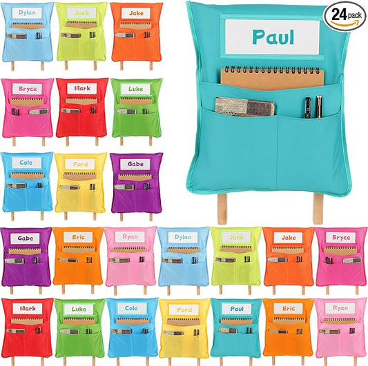 24pcs for Classroom 16.3x19.7inch Classroom Chair Pockets with Name Tag 3 Pockets Chair Organizer for Teacher Student School Office(Rainbow)