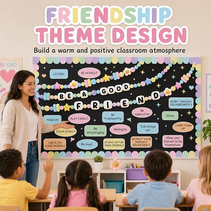 Friendship Bracelet Bulletin Board Set Pastel Back to School Classroom Decoration Motivational Be a Good Friend Friendship Bracelet Bulletin Board Cutouts for Classroom School Chalkboard Wall Decor