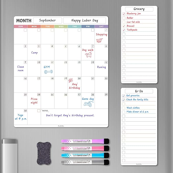 ALEZEL Magnetic Dry Erase Refrigerator Calendar, Vertical Monthly Planner Whiteboard for Fridge, Includes Fridge Calendar & 2 List White Boards, 4 Markers + Eraser