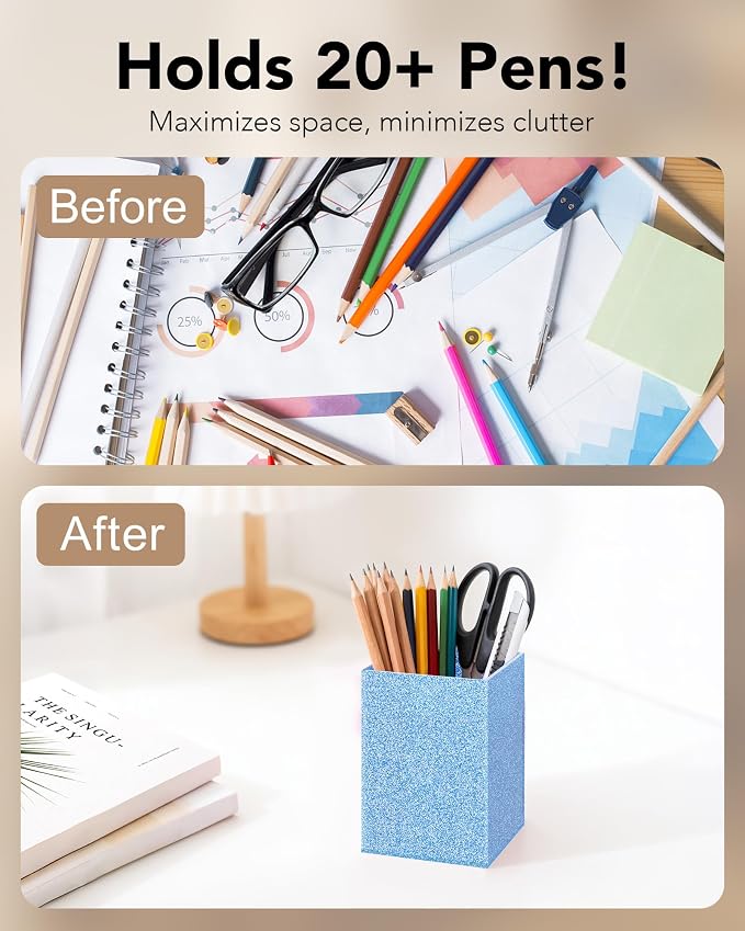 Blue Glitter Acrylic Pen Holder, Acrylic Makeup Brush Storage Organizer, Pencil Pen Holder for Desk, Modern Desktop Accessories for Office School Home Supplies