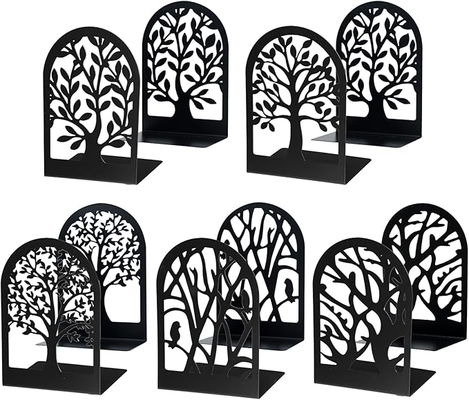 EOOUT Bookends for Shelves Decorative, 5 Pairs (10 Pack) of Tree Bookends Supports, Black Metal Book Stoppers for Heavy Books, Heavy Duty Book Ends for Home Office School.