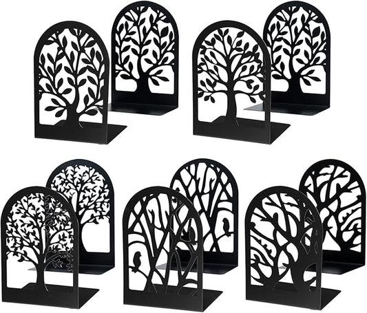 EOOUT Bookends for Shelves Decorative, 5 Pairs (10 Pack) of Tree Bookends Supports, Black Metal Book Stoppers for Heavy Books, Heavy Duty Book Ends for Home Office School.
