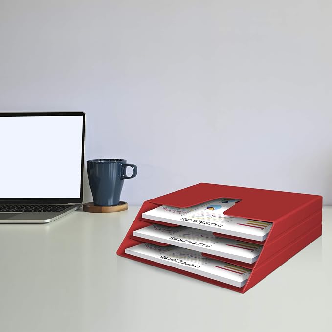 Acrimet Horizontal Triple File Folder Holder Organizer, Open Top Desktop Document Sorter for Letter Size Papers & Folders, Plastic (Solid Red)